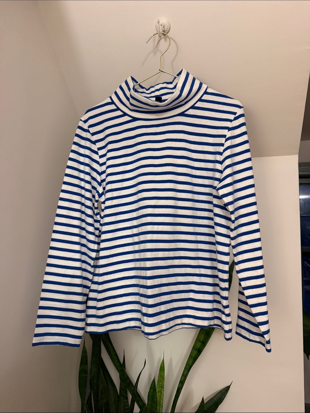 J. Crew Blue and White Striped Turtleneck Long Sleeve Top